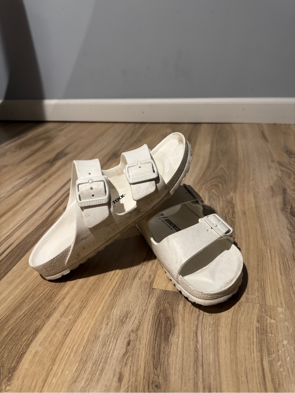 Birkenstock White Two-Buckle Arizona Slides